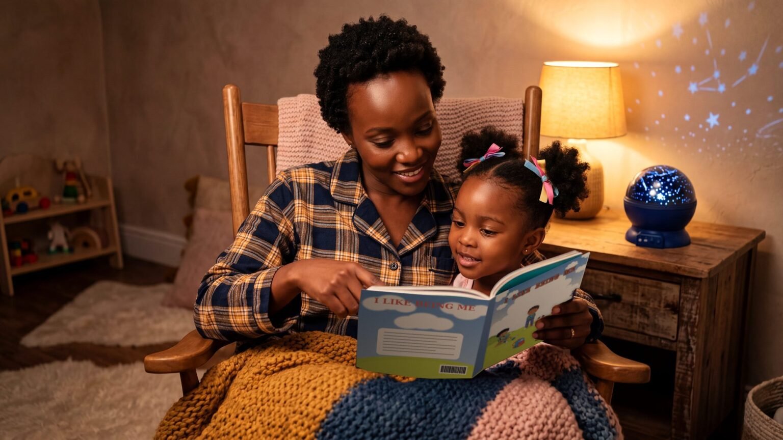 A mother and her young daughter reading I Like Being Me together in a cozy rocking chair at bedtime